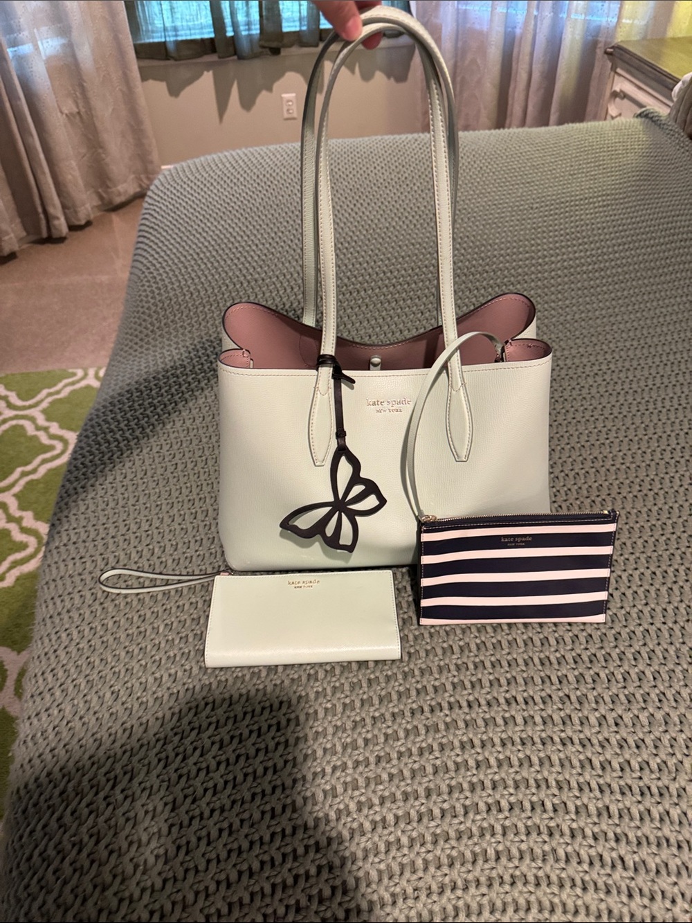 Kate Spade Mint Green Leather Tote with Pink Interior & BlackWhite Stripe Pouch.